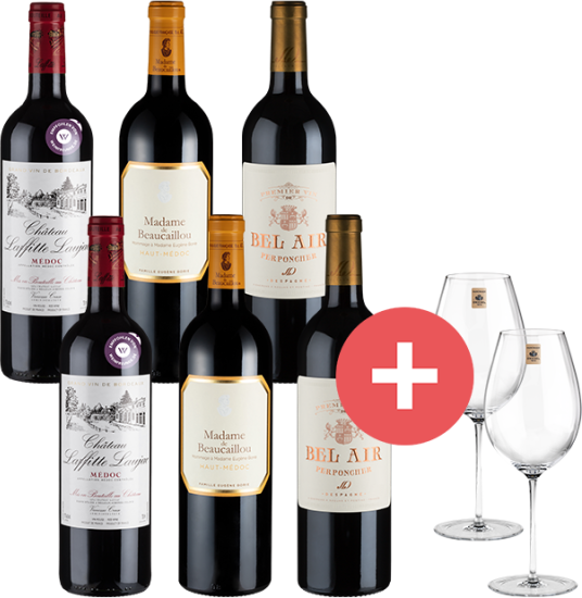 6er-Paket Premium Bordeaux-Weine + GRATIS Gläser - Weinpakete aus Frankreich