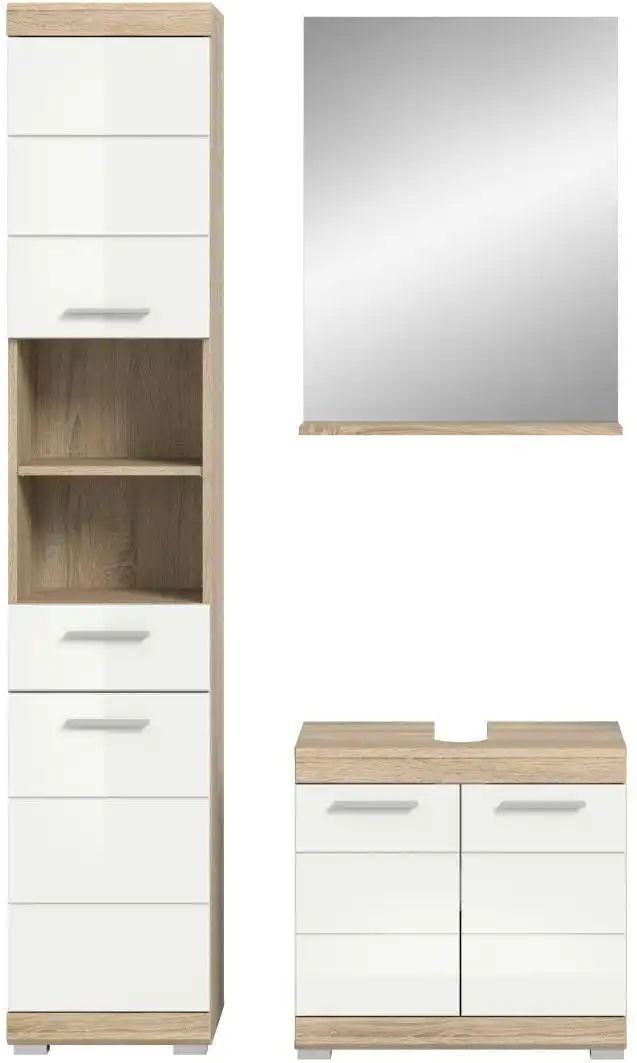Badmöbel-Set SCHLOONSEE 3 teilig bestehend aus: Hochschrank Waschbeckenunterschrank Spiegel Schloonsee ¦ weiß ¦ Maß...