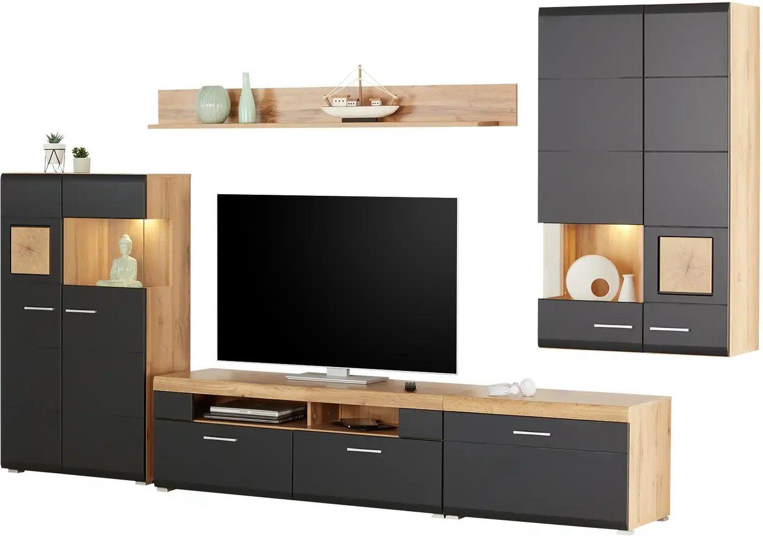 Wohnwand mit Beleuchtung Cortina ¦ schwarz ¦ Maße (cm): B: 320 H: 205 T: 47.0 Kommoden & Sideboards > Wohnwände - Höffne...