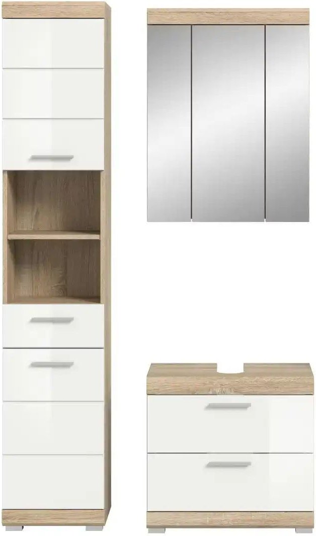 Badmöbel-Set SCHLOONSEE 3 teilig bestehend aus: Hochschrank Waschbeckenunterschrank Spiegelschrank Hochschrank Was...