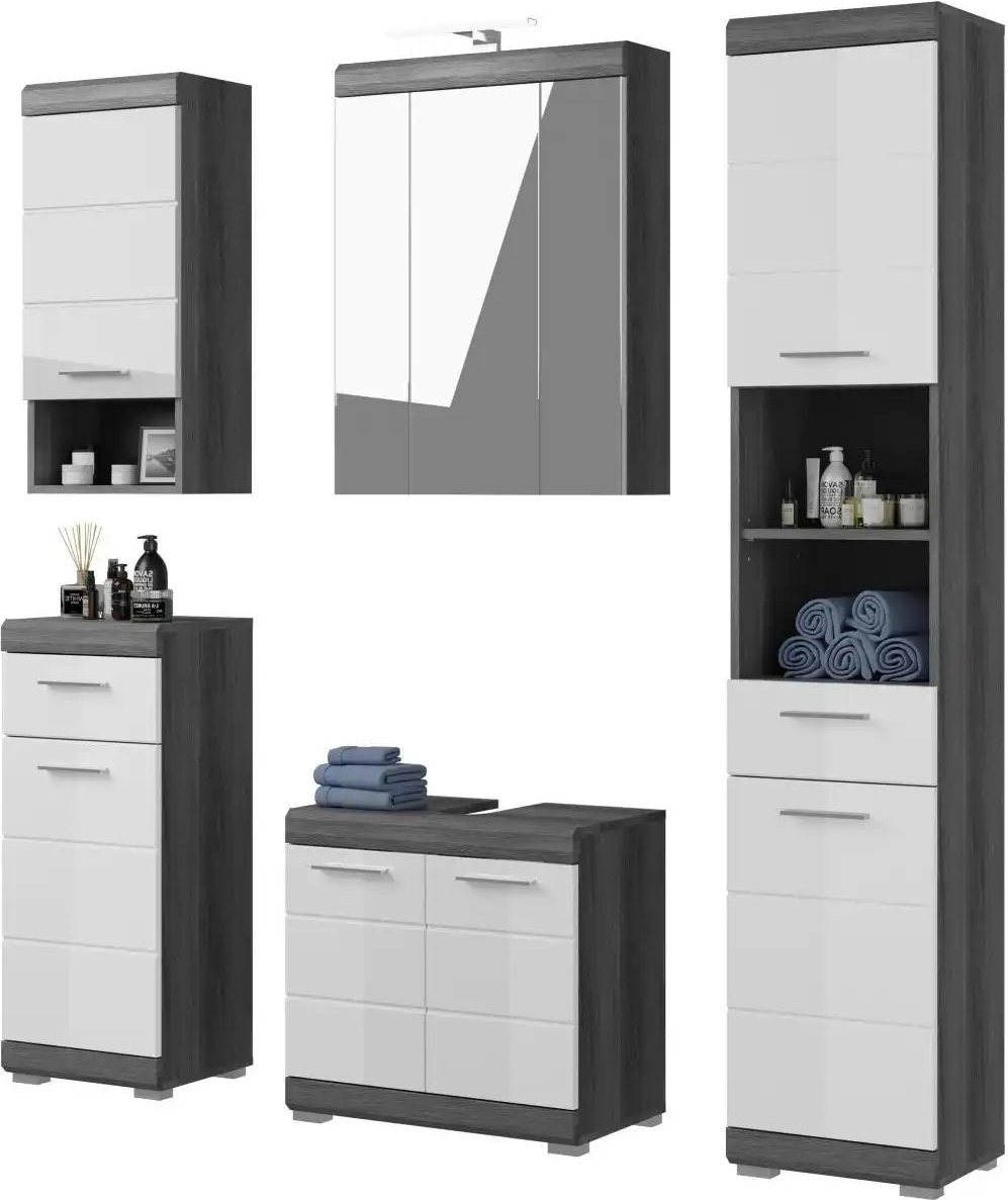 Badmöbel-Set SCHLOONSEE 5 teilig inklusive LED Beleuchtung bestehend aus: Hochschrank WBU Spiegelschrank Unterschr...