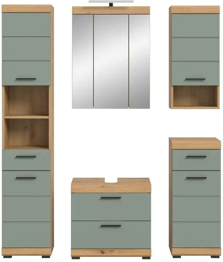 Thumbnail - Badmöbel-Set SCHLOONSEE 5 teilig inklusive LED Beleuchtung bestehend aus: Hochschrank WBU Spiegelschrank Unterschr...