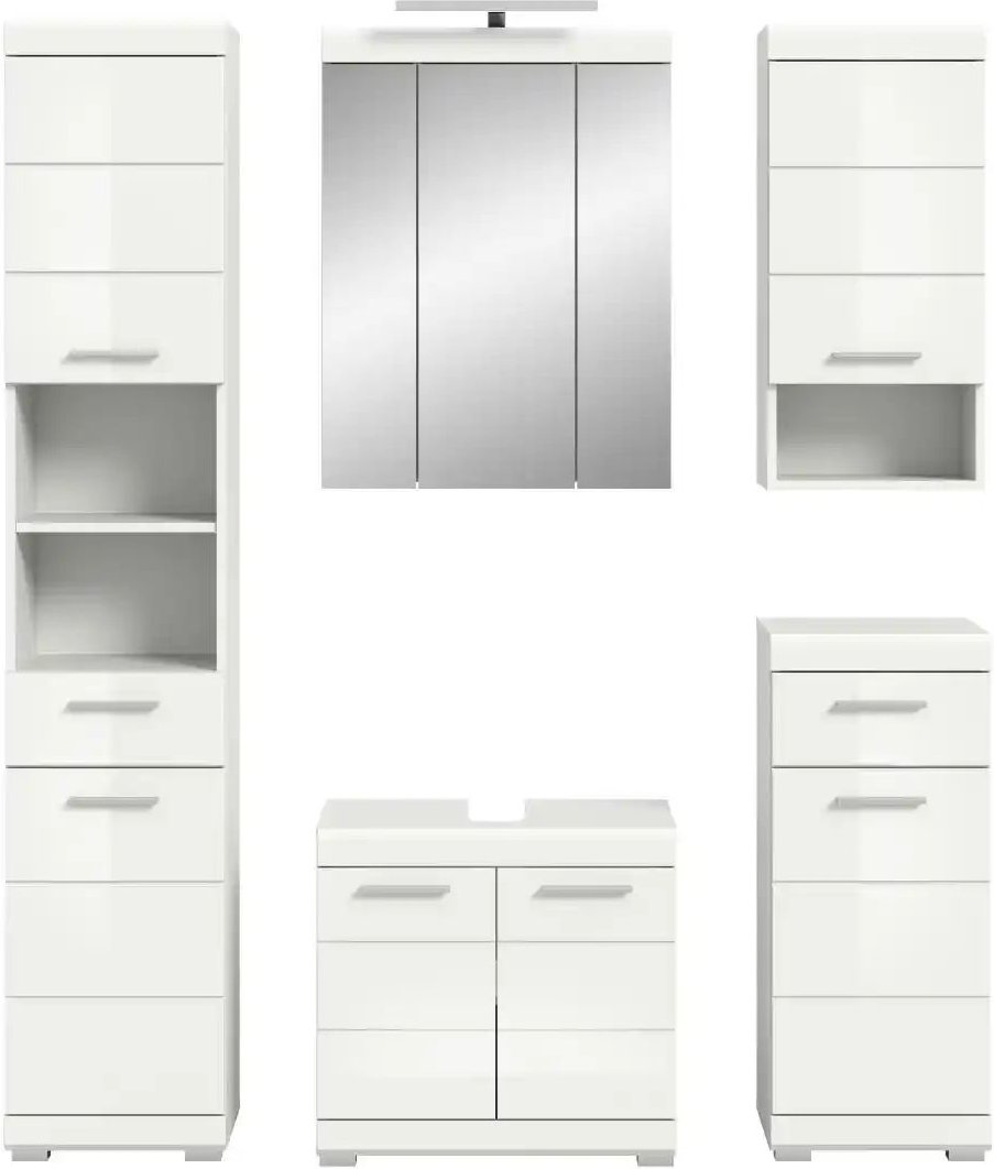 Badmöbel-Set SCHLOONSEE 5 teilig inklusive LED Beleuchtung bestehend aus: Hochschrank WBU Spiegelschrank Unterschr...