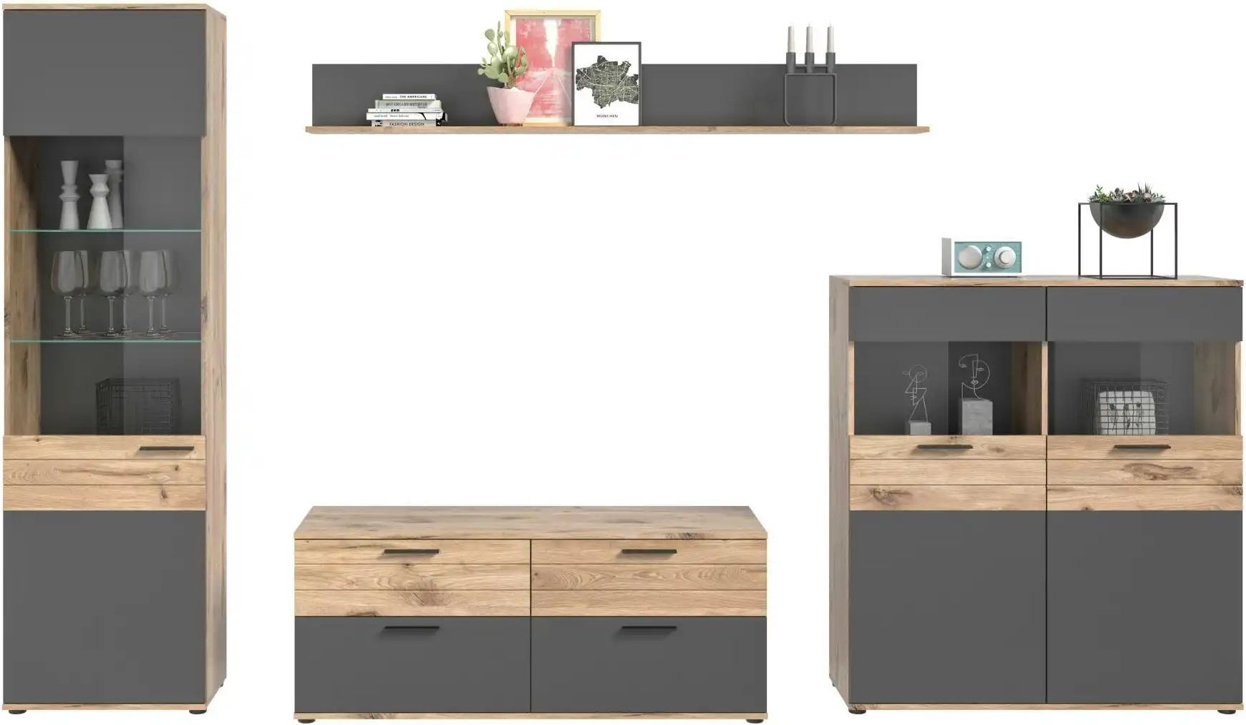 Wohnkombination Monsano ¦ grau ¦ Maße (cm): B: 327 H: 200 T: 47.0 Kommoden & Sideboards > Wohnwände - Höffner