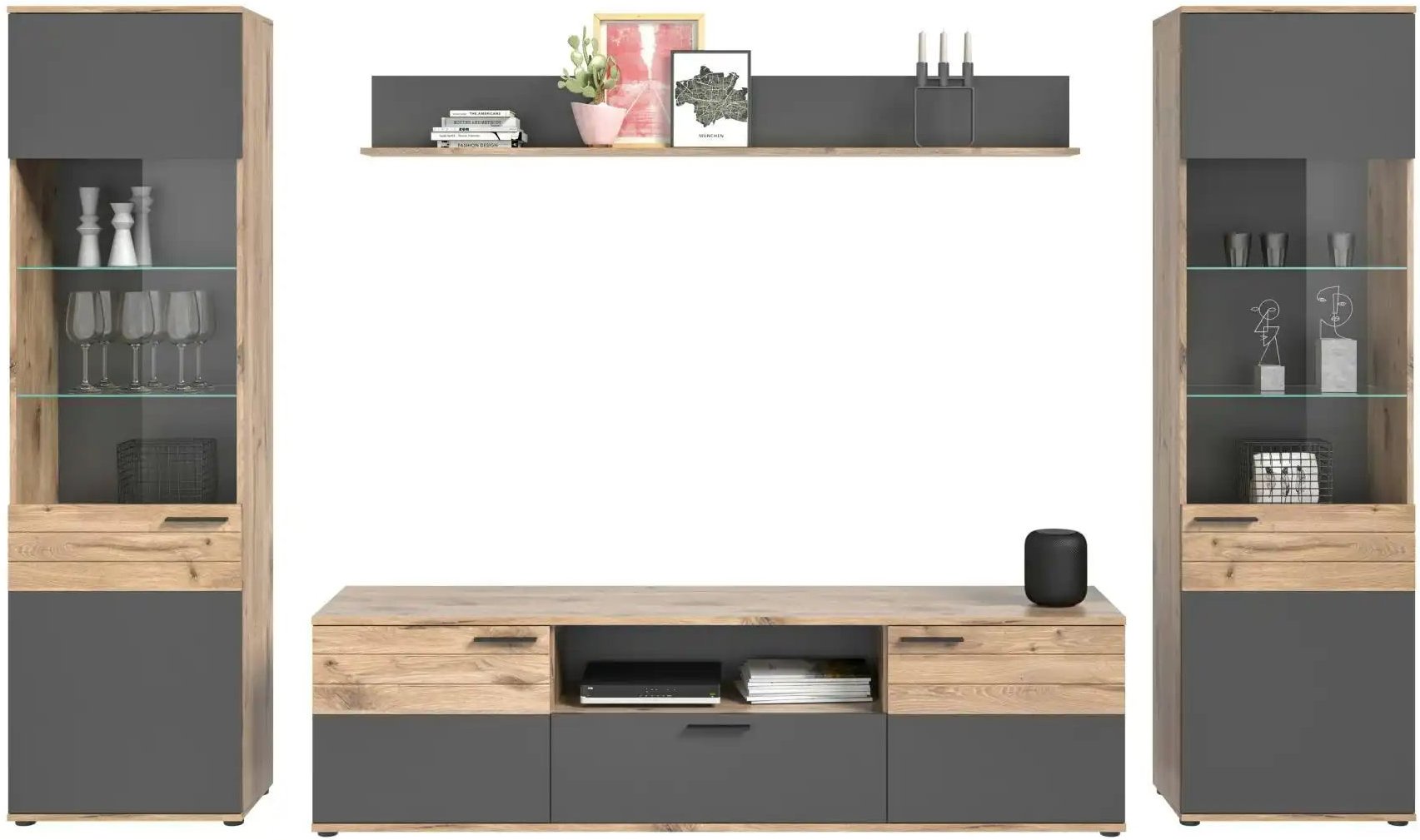 Wohnkombination Monsano ¦ grau ¦ Maße (cm): B: 338 H: 200 T: 47.0 Kommoden & Sideboards > Wohnwände - Höffner