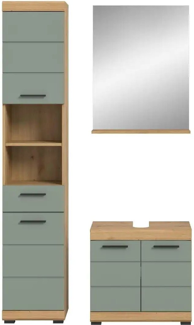 Badmöbel-Set SCHLOONSEE 3 teilig bestehend aus: Hochschrank Waschbeckenunterschrank Spiegel Schloonsee ¦ grün ¦ Maß...