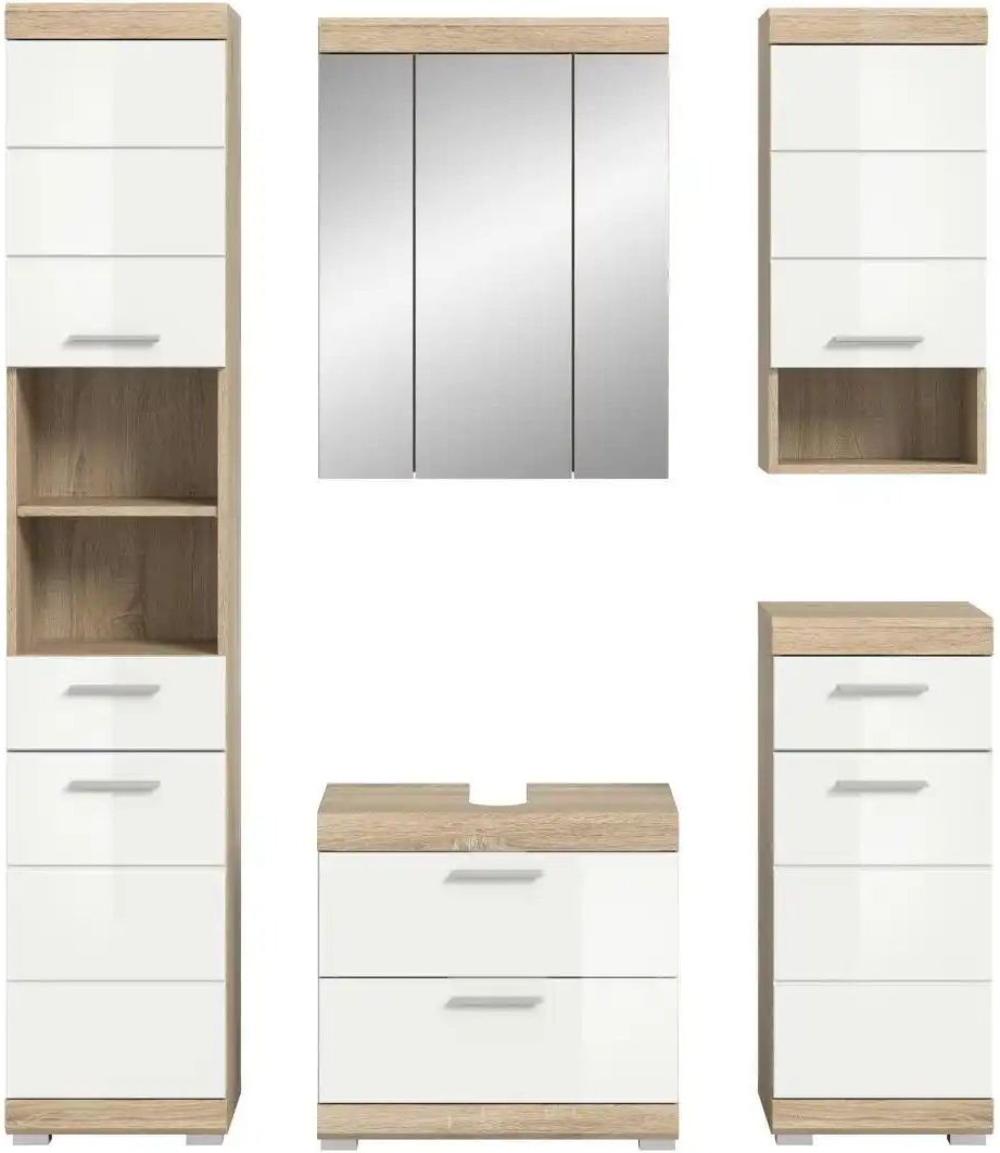 Badmöbel-Set SCHLOONSEE 5 teilig bestehend aus: Hochschrank WBU Spiegelschrank Unterschrank Hängeschrank Schloon...