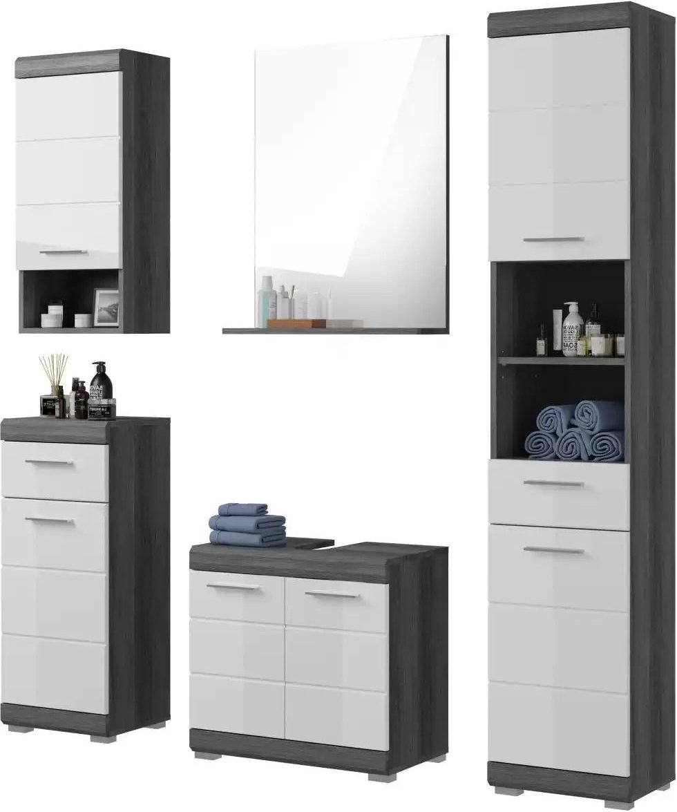 Badmöbel-Set SCHLOONSEE 5 teilig bestehend aus: Hochschrank WBU Spiegel Unterschrank Hängeschrank Schloonsee ¦ we...