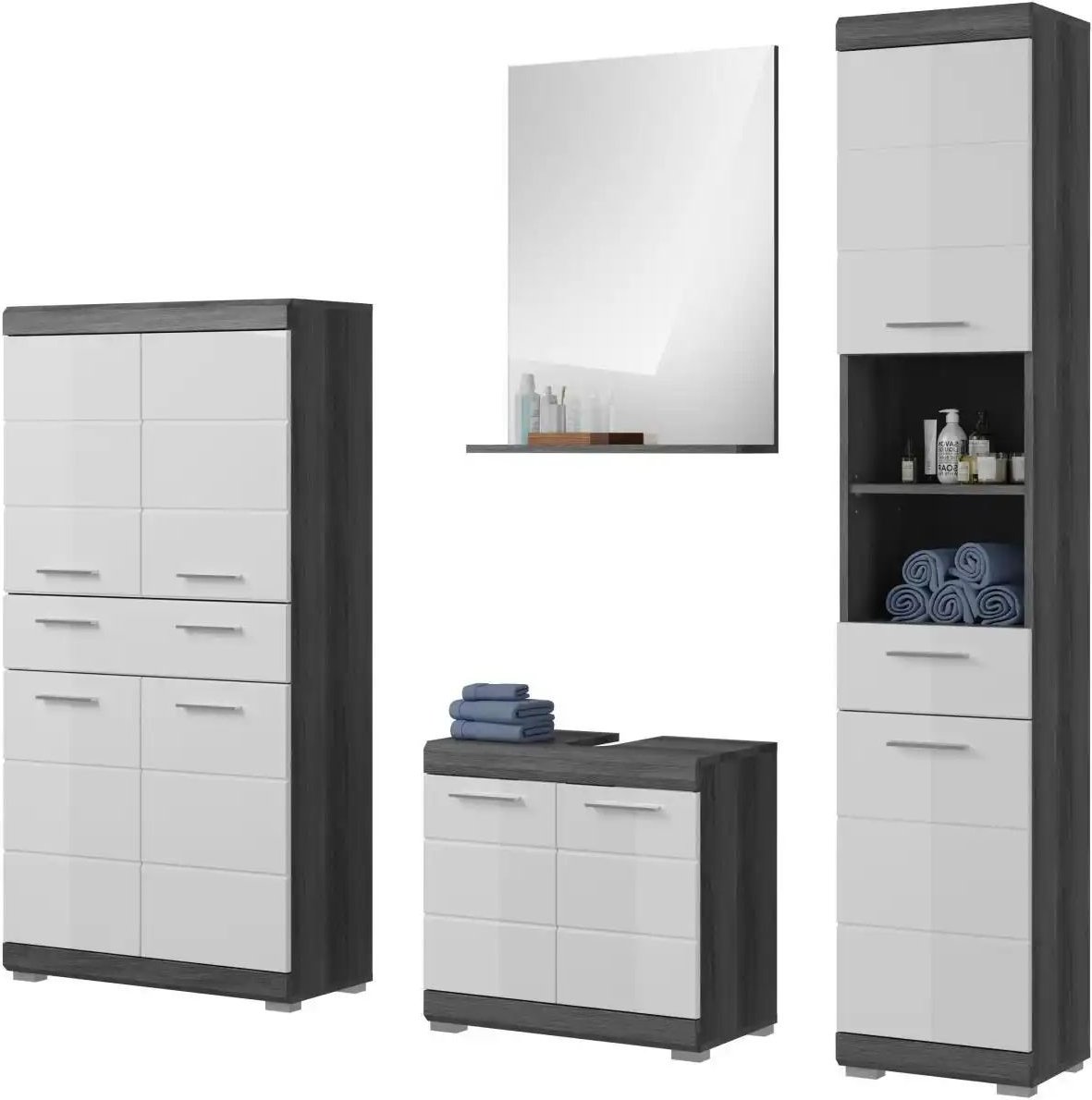 Badmöbel-Set SCHLOONSEE 4 teilig bestehend aus: Hochschrank Waschbeckenunterschrank Badspiegel Midischrank Schloon...