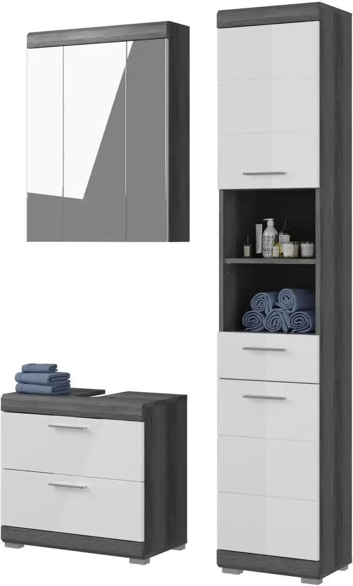 Badmöbel-Set SCHLOONSEE 3 teilig bestehend aus: Hochschrank Waschbeckenunterschrank Spiegelschrank Hochschrank Was...