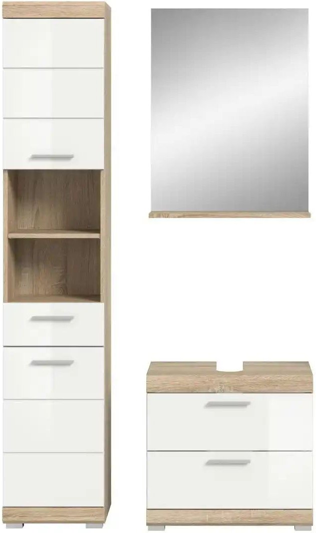Badmöbel-Set SCHLOONSEE 3 teilig bestehend aus: Hochschrank Waschbeckenunterschrank Spiegel Schloonsee ¦ weiß ¦ Maß...