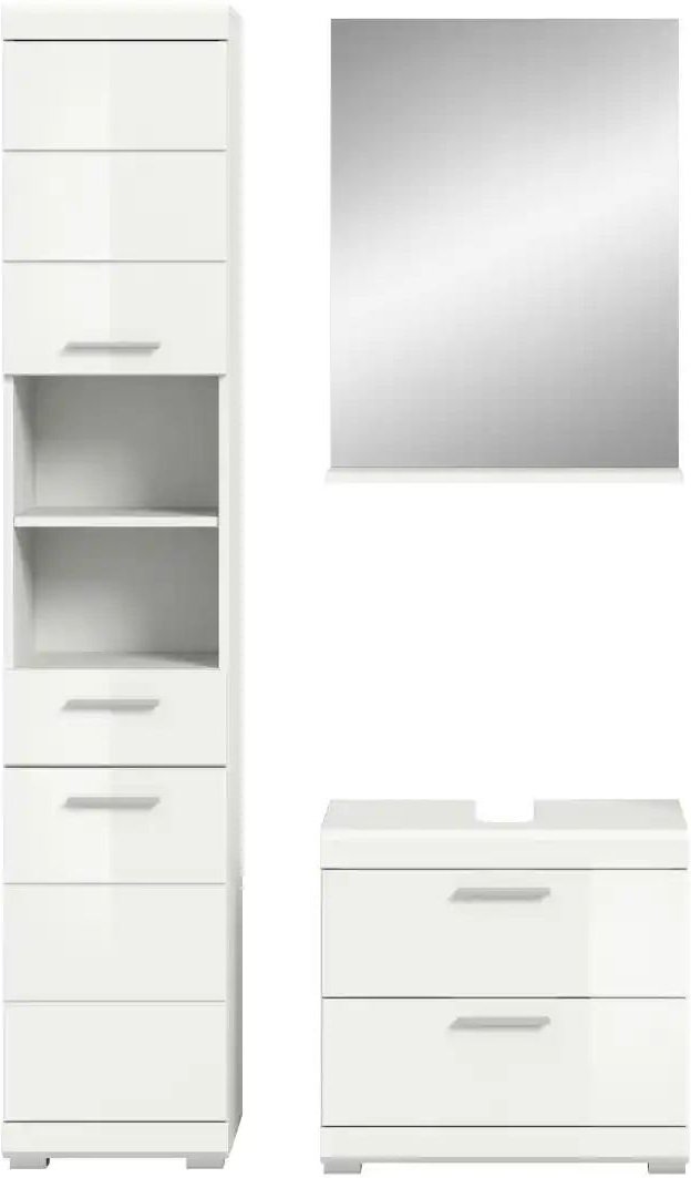 Badmöbel-Set SCHLOONSEE 3 teilig bestehend aus: Hochschrank Waschbeckenunterschrank Spiegel Schloonsee ¦ weiß ¦ Maß...