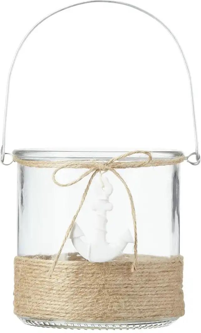 HOME STORY Windlicht Anker ¦ transparent/klar ¦ Glas,Naturfaser,Polyresin (Kunstharz) ¦ Maße (cm): H: 12 Ø: 12 Accesso...