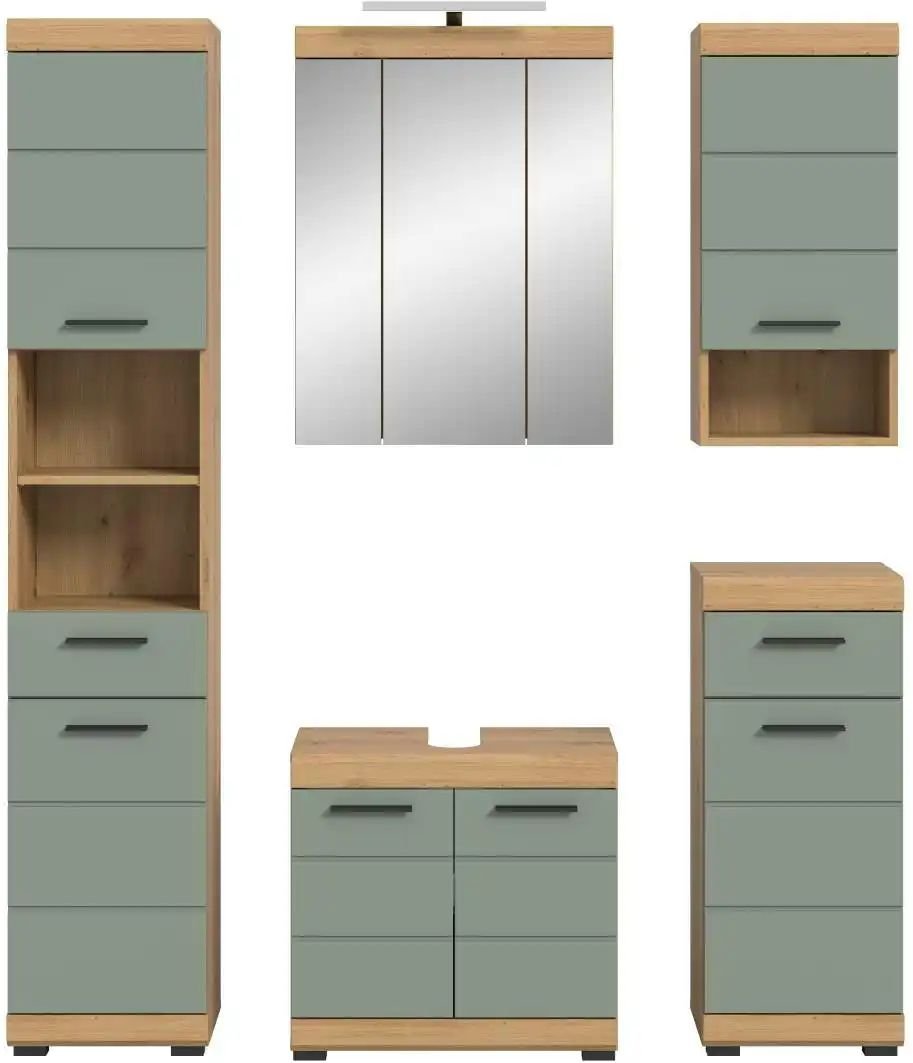 Badmöbel-Set SCHLOONSEE 5 teilig inklusive LED Beleuchtung bestehend aus: Hochschrank WBU Spiegelschrank Unterschr...