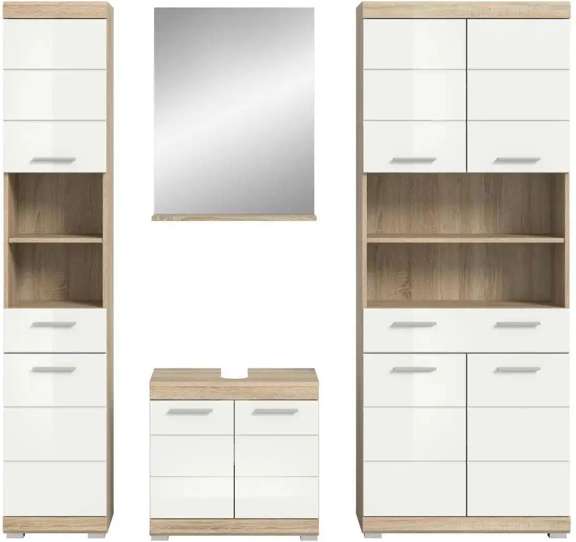 Badmöbel-Set SCHLOONSEE 4 teilig bestehend aus: Hochschrank Waschbeckenunterschrank Badspiegel Hochschrank breit S...