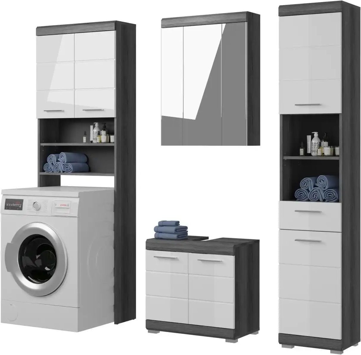 Badmöbel-Set SCHLOONSEE 4 teilig bestehend aus: Hochschrank WBU Spiegelschrank Waschmaschinenumbauschrank Schloons...