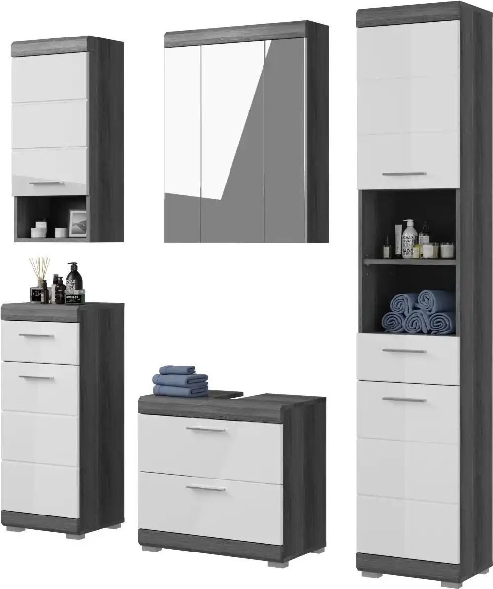 Thumbnail - Badmöbel-Set SCHLOONSEE 5 teilig bestehend aus: Hochschrank WBU Spiegelschrank Unterschrank Hängeschrank Schloon...