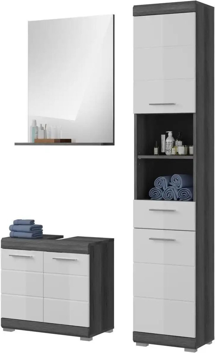 Badmöbel-Set SCHLOONSEE 3 teilig bestehend aus: Hochschrank Waschbeckenunterschrank Spiegel Schloonsee ¦ weiß ¦ Maß...