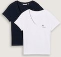 TOM TAILOR DENIM Damen T-Shirt mit V-Ausschnitt im 2er-Pack, blau, Uni, Gr. XS