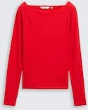 TOM TAILOR DENIM Damen Slim Fit Langarmshirt mit U-Boot-Ausschnitt, rot, Uni, Gr. XS