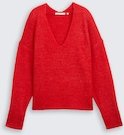 TOM TAILOR DENIM Damen Relaxed Fit Strickpullover mit V-Ausschnitt, rot, Uni, Gr. XXL