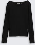 TOM TAILOR DENIM Damen Slim Fit Langarmshirt mit U-Boot-Ausschnitt, schwarz, Uni, Gr. XL