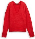 TOM TAILOR DENIM Damen Relaxed Fit Strickpullover mit V-Ausschnitt, rot, Uni, Gr. L