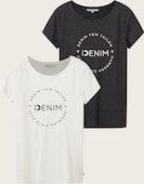 TOM TAILOR DENIM Damen Print T-Shirt im 2er-Pack, grau, Uni, Gr. L