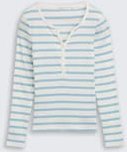TOM TAILOR DENIM Damen Slim Fit Henley Langarmshirt, blau, Gestreift, Gr. XL