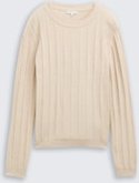 TOM TAILOR Damen Rib Strickpullover mit Wollanteil, beige, Meliert, Gr. L