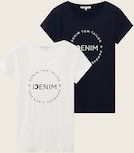 TOM TAILOR DENIM Damen Print T-Shirt im 2er-Pack, blau, Uni, Gr. L