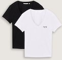 TOM TAILOR DENIM Damen T-Shirt mit V-Ausschnitt im 2er-Pack, schwarz, Uni, Gr. S