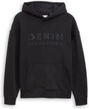 TOM TAILOR DENIM Herren Relaxed Fit Hoodie Sweatshirt mit Print, schwarz, Uni, Gr. S