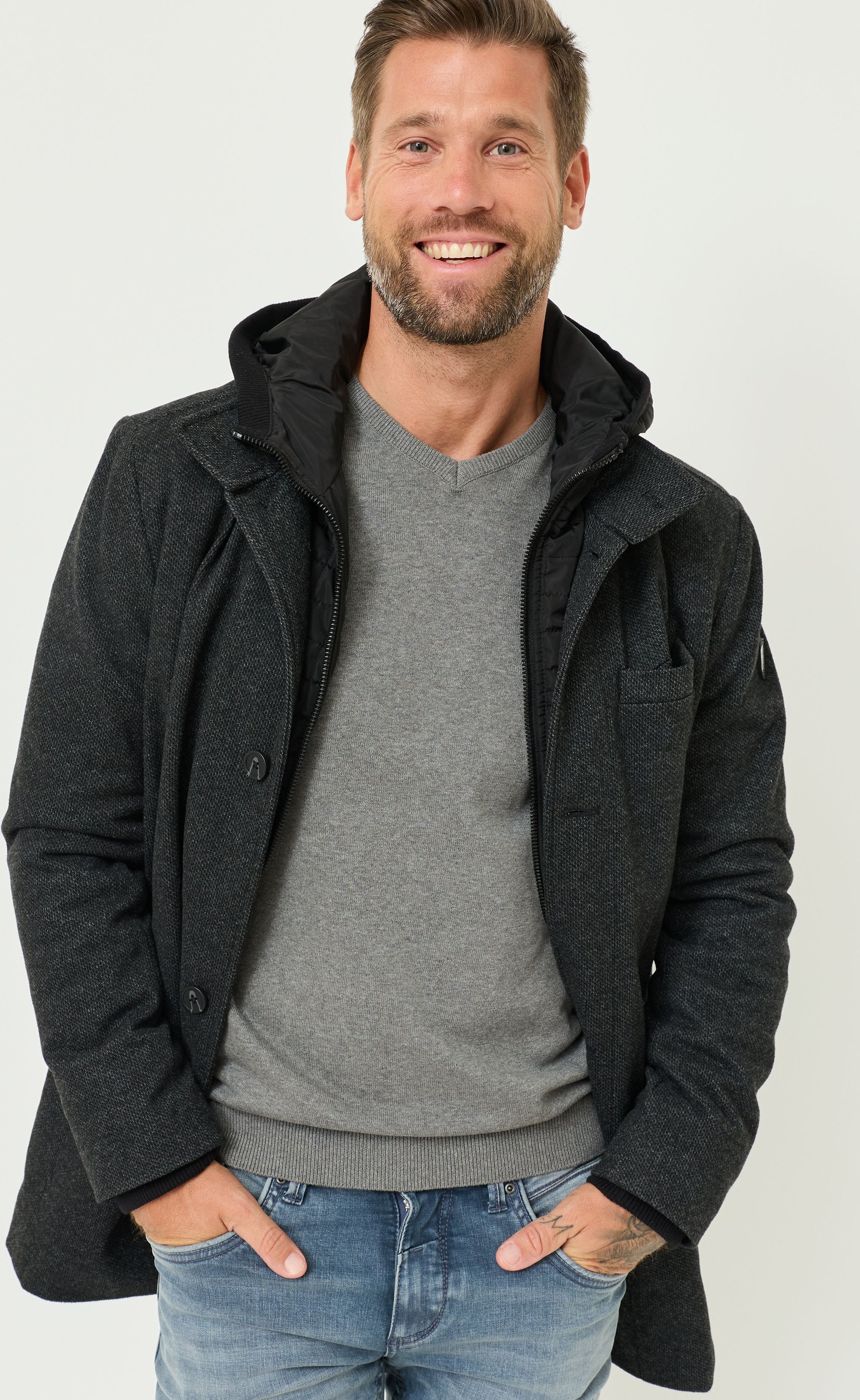 Mantel in Wolloptik mit Kapuze