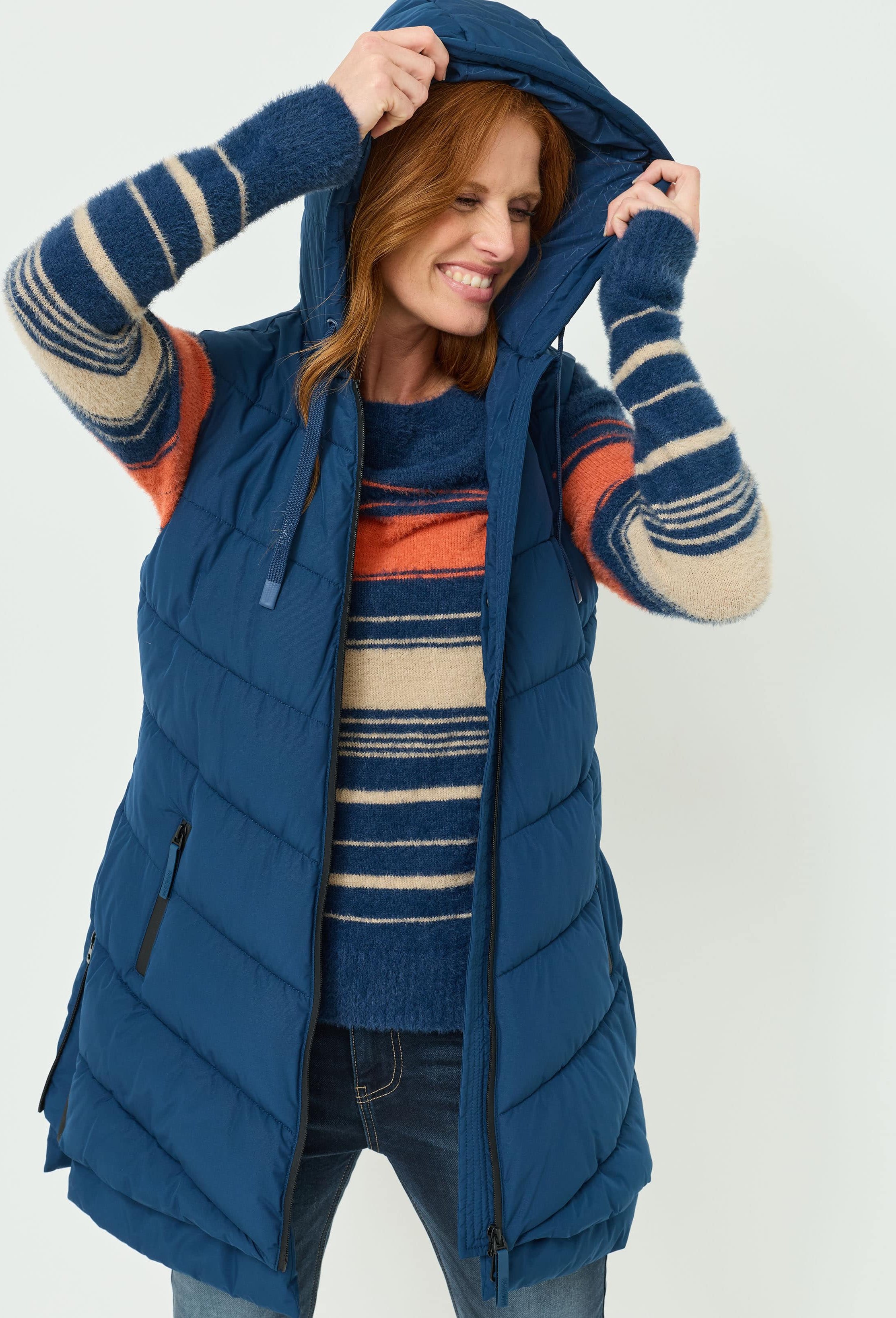 Lange Steppweste mit Kapuze