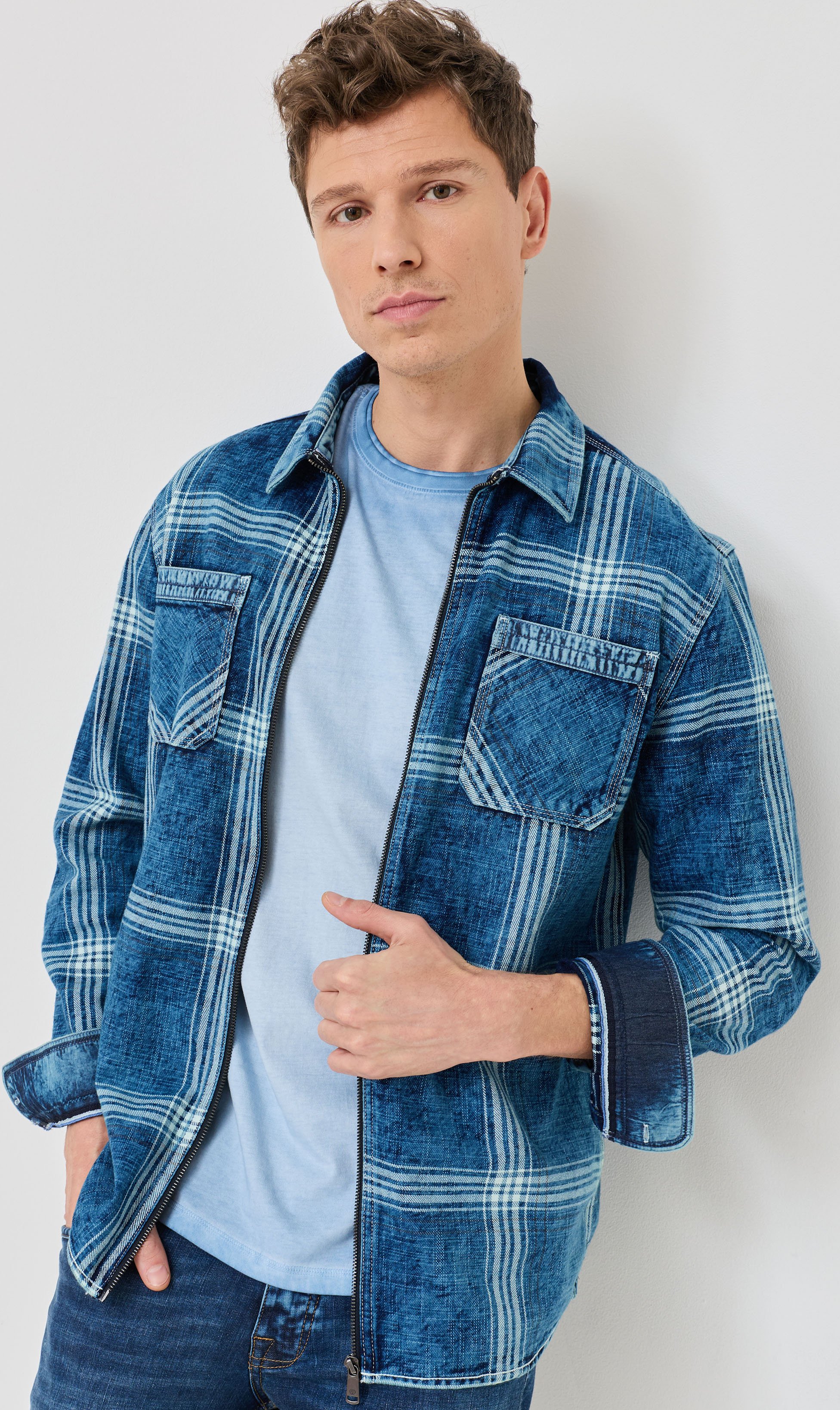 Karo-Hemd im Denim-Look m. Zip