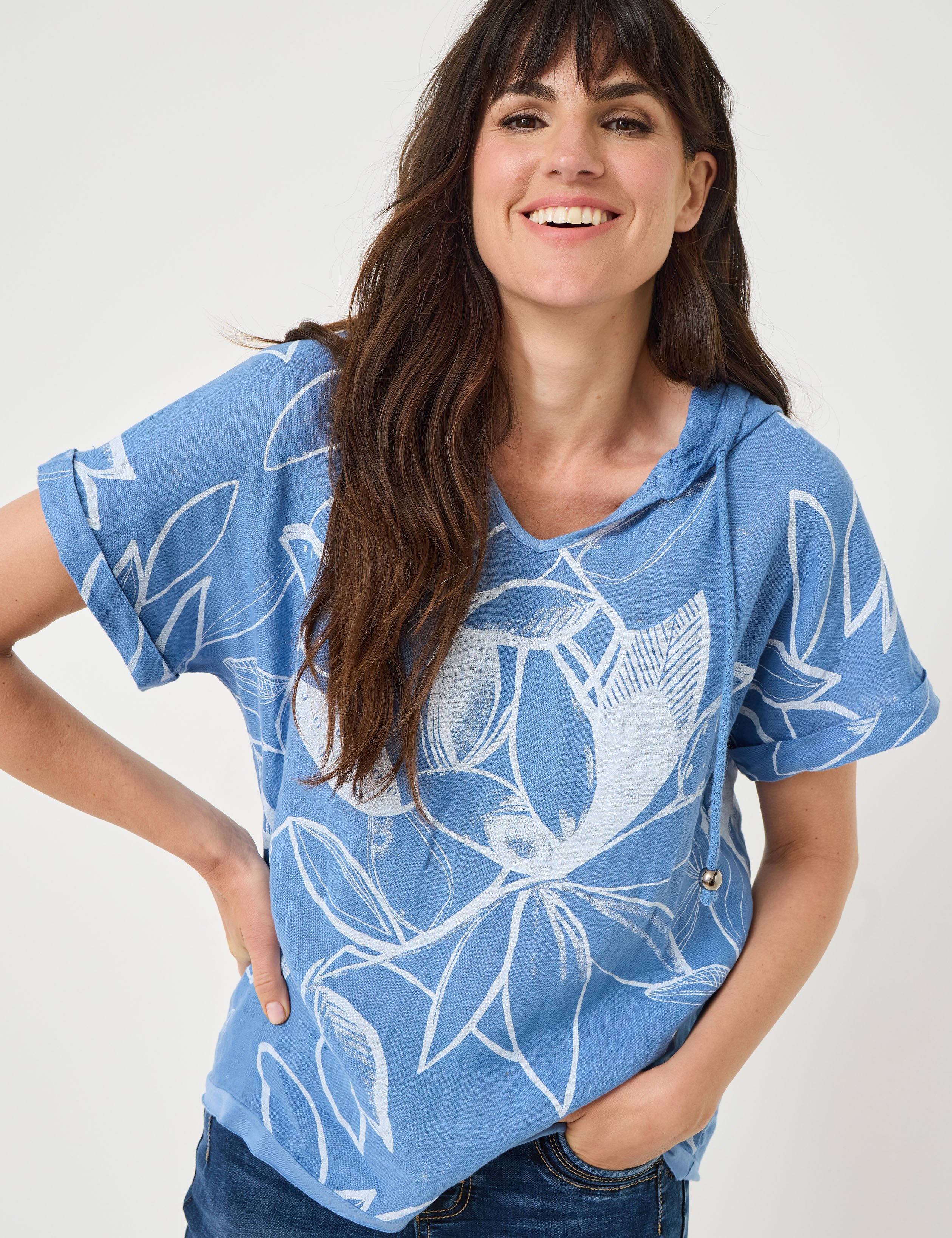 Leinen-Shirt mit Kapuze & Print