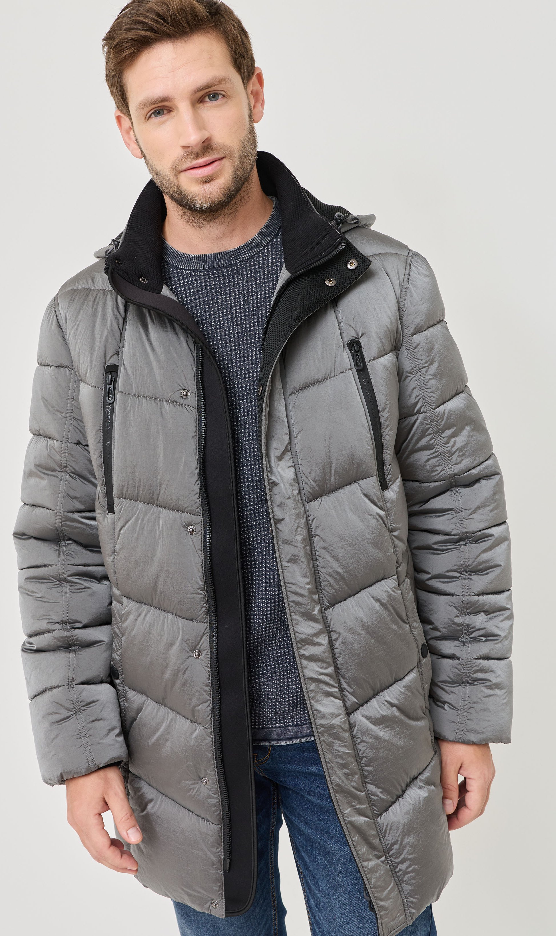 Langer Stepp-Parka mit Kapuze