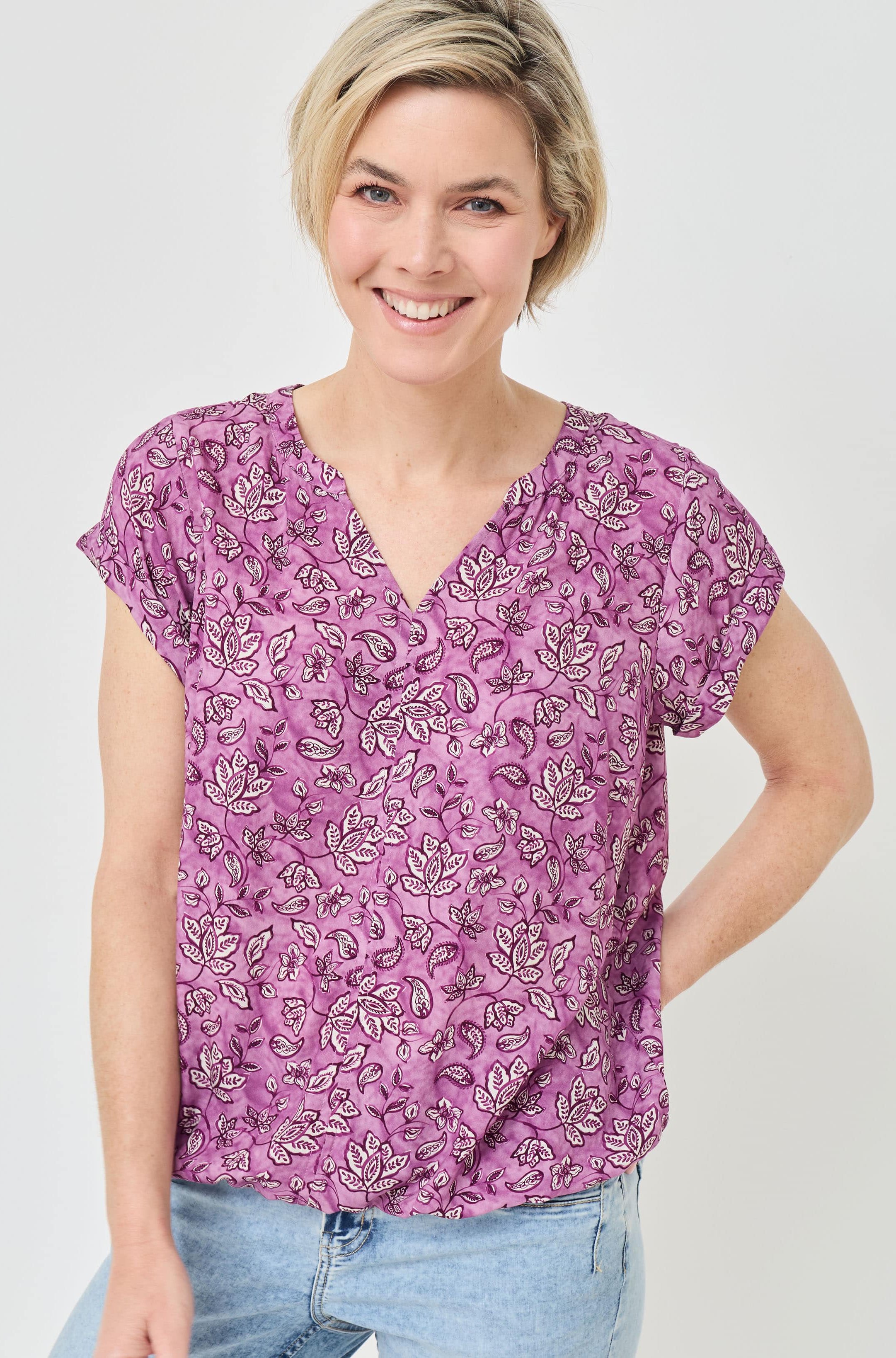 Print-Bluse mit Elastik-Saum