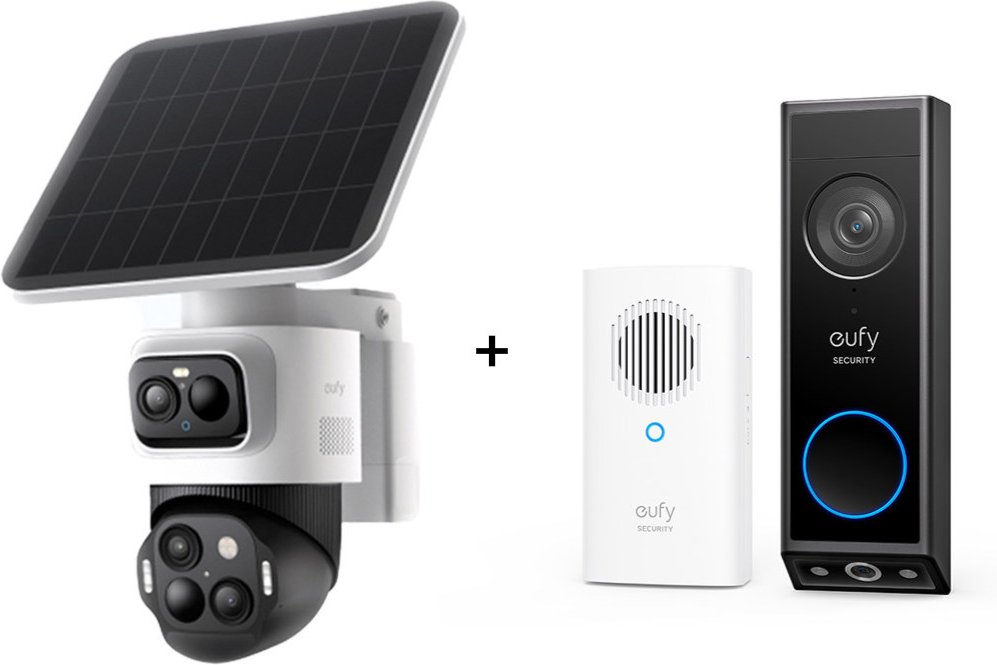 eufyCam S4 - 4K-Sicherheitskamera mit 3 Linsen + Video Doorbell E340 mit Chime