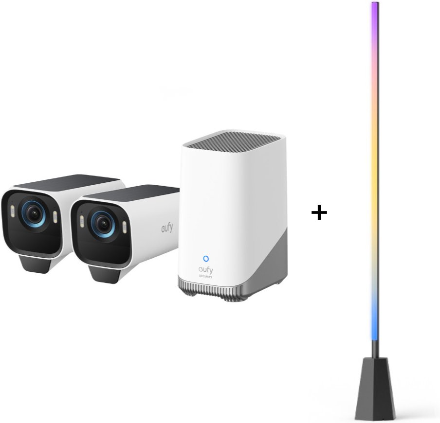 eufyCam S3 Pro Starter-Set 2+1- 2er-Kameraset mit HomeBase 3 + Zimmer Stehlampe E10