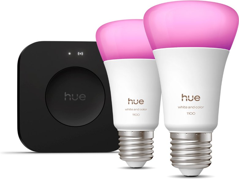 Philips Hue Starter Set - mit Bridge Pro und 2 White and Color Ambiance E27 Lampen - 1100 lm