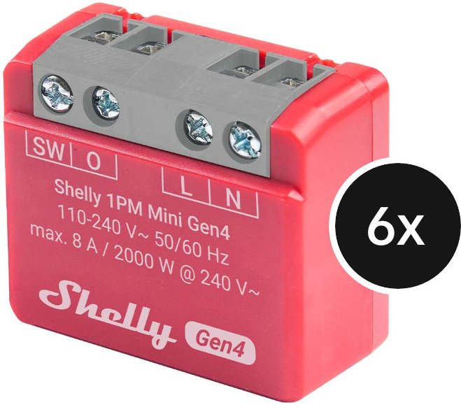 Shelly 1PM Mini (Gen. 4) - WLAN 1-Kanal Relais max. 8A - 6er-Set (+12 Monate GRATIS Shelly Premium)