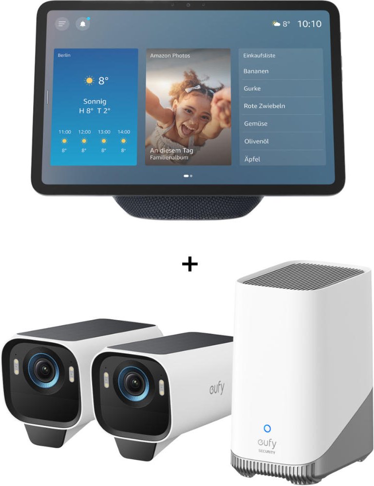 Amazon Echo Show 11 - Neueste Generation + eufyCam S3 Pro Starter-Set 2+1 - 2er-Kameraset mit HomeBase 3 (+GRATIS Hombli...