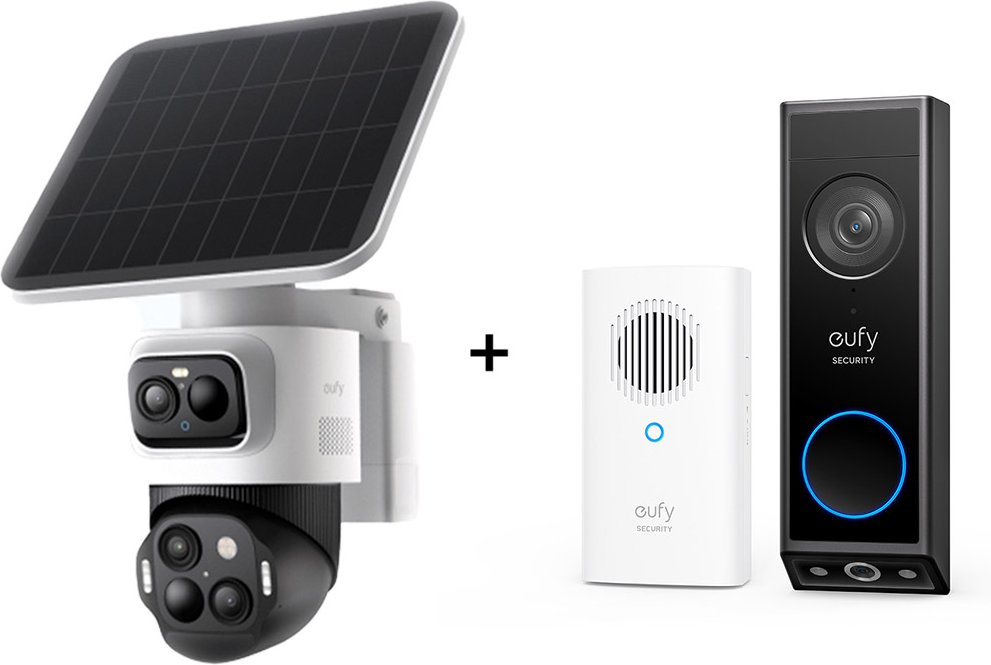 eufyCam S4 - 4K-Sicherheitskamera mit 3 Linsen + Video Doorbell E340 mit Chime (+GRATIS Hombli Lichterkette)