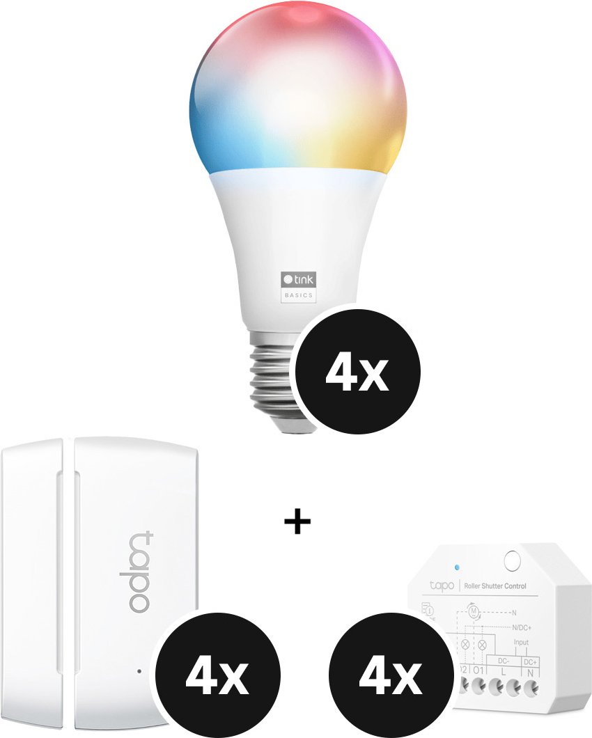 tink Basics White & Color E27 Bulb + TP-Link Tapo S112 - Unterputzschalter + T110 - Tür- & Fenstersensor - 4er-Set