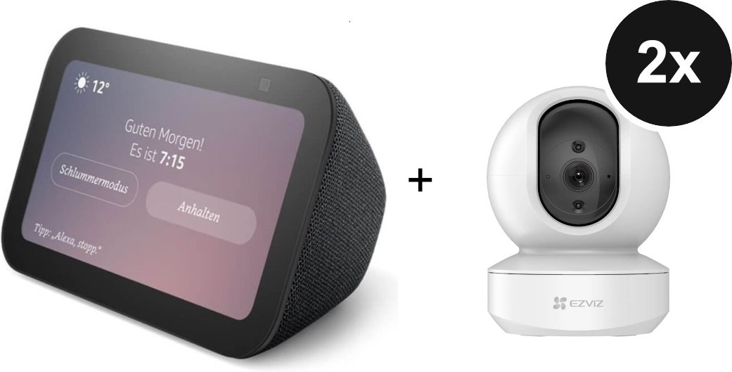 Amazon Echo Show 5 - Neueste Generation + EZVIZ TY1 1080P - Schwenk- & Neige-WLAN-Kamera - 2er-Set