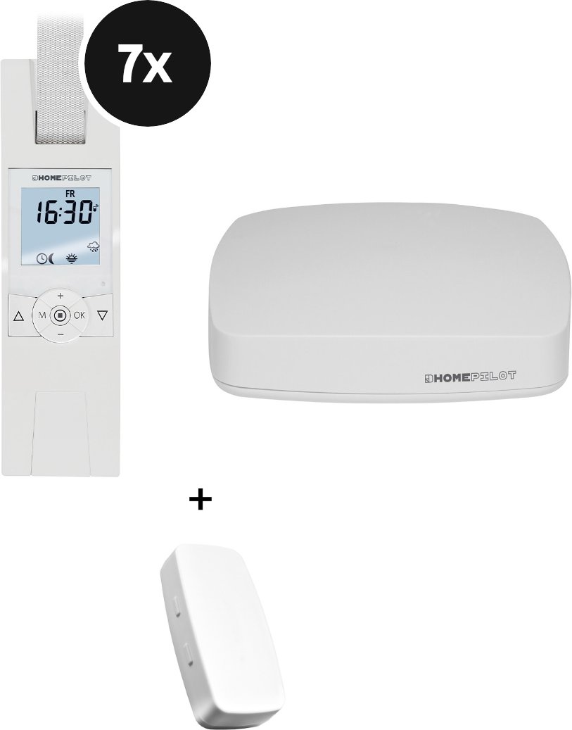 HOMEPILOT Gateway premium + Gurtwickler RolloTron premium smart 7er-Set + Sonnensensor