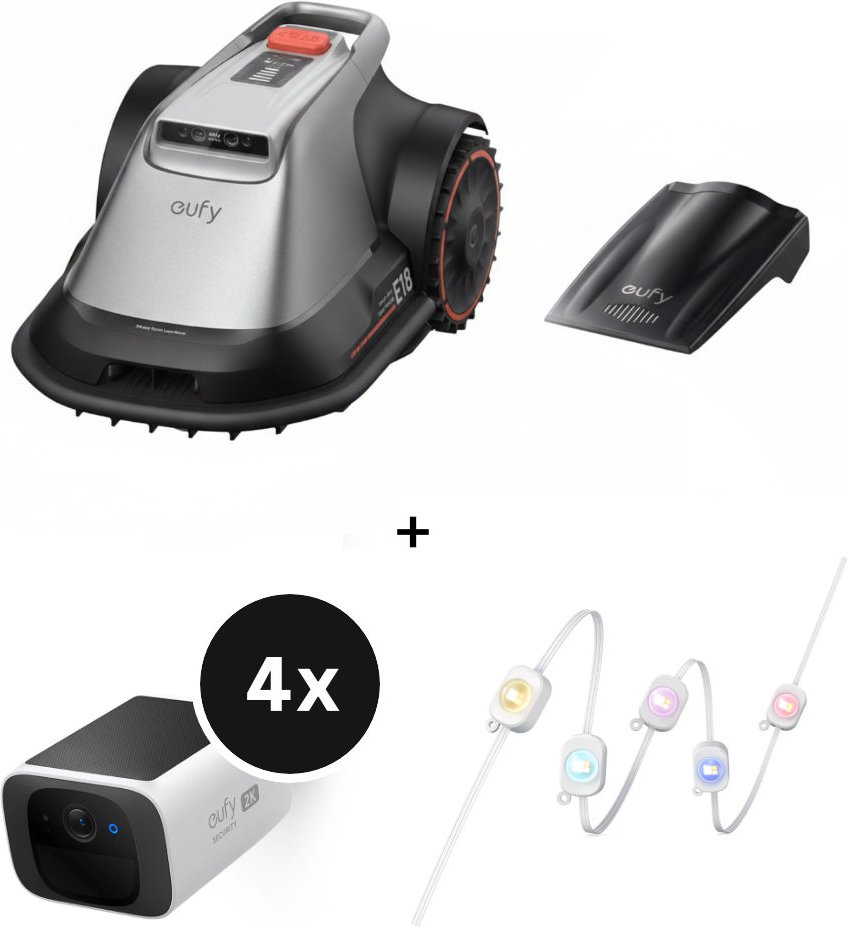 eufy Mähroboter E18 + gratis Garage + SoloCam S220 - 4er-Set + Permanent Outdoor Light 15m