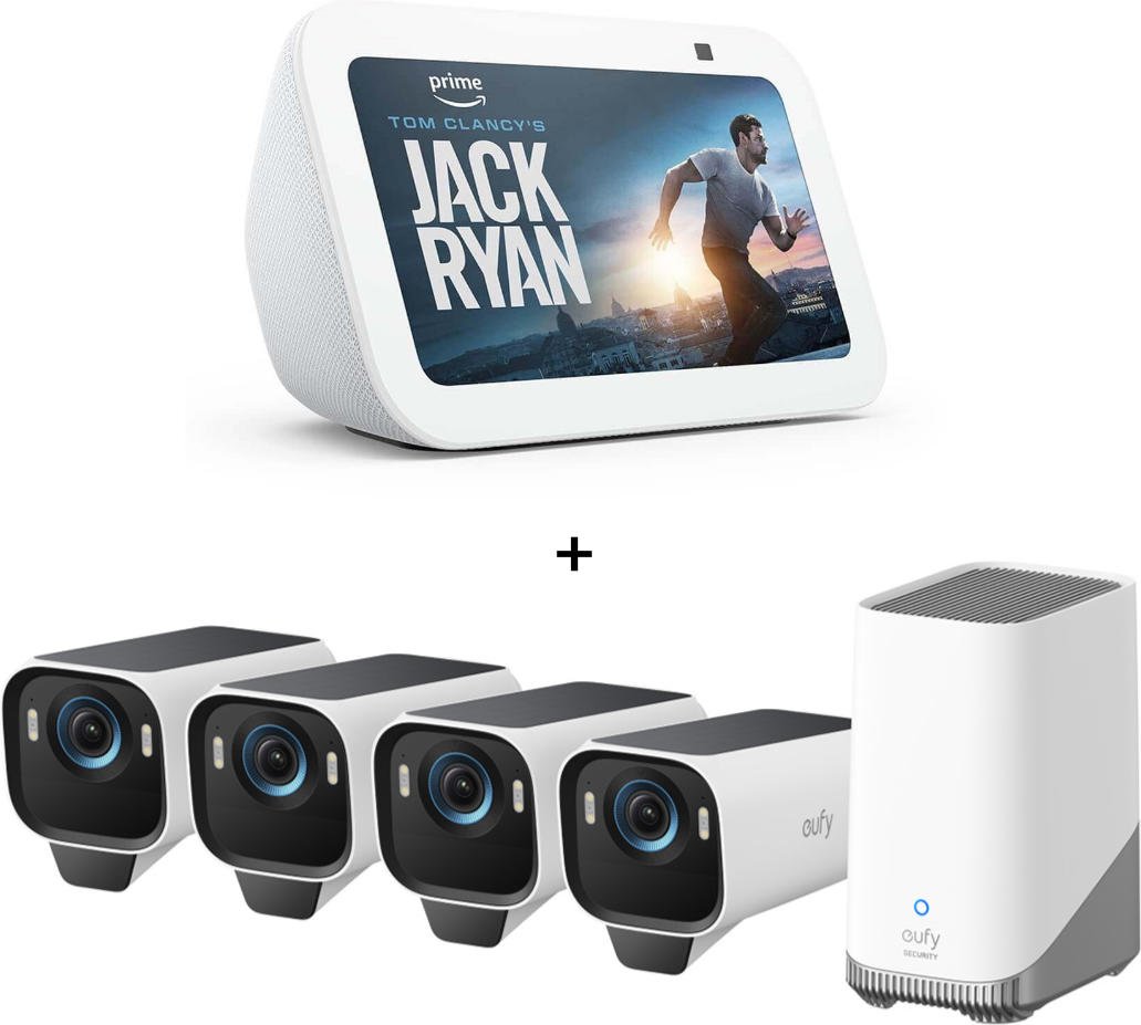 eufyCam S3 Pro Starter-Set 4+1 - 4er-Kameraset mit HomeBase 3 + Amazon Echo Show 5 (3. Gen)